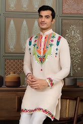 Cream Embroidered Kurta for Men